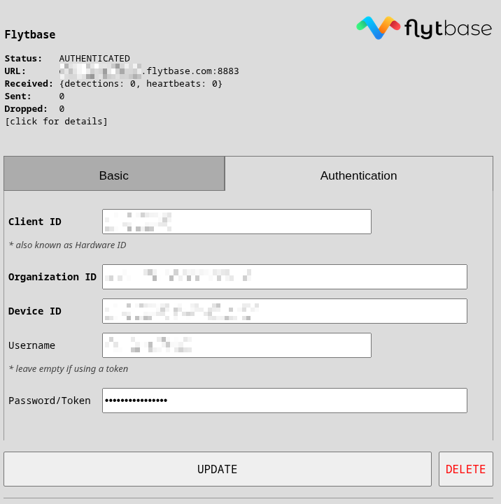 FlytBase credentials filled into Scout's Authentication tab